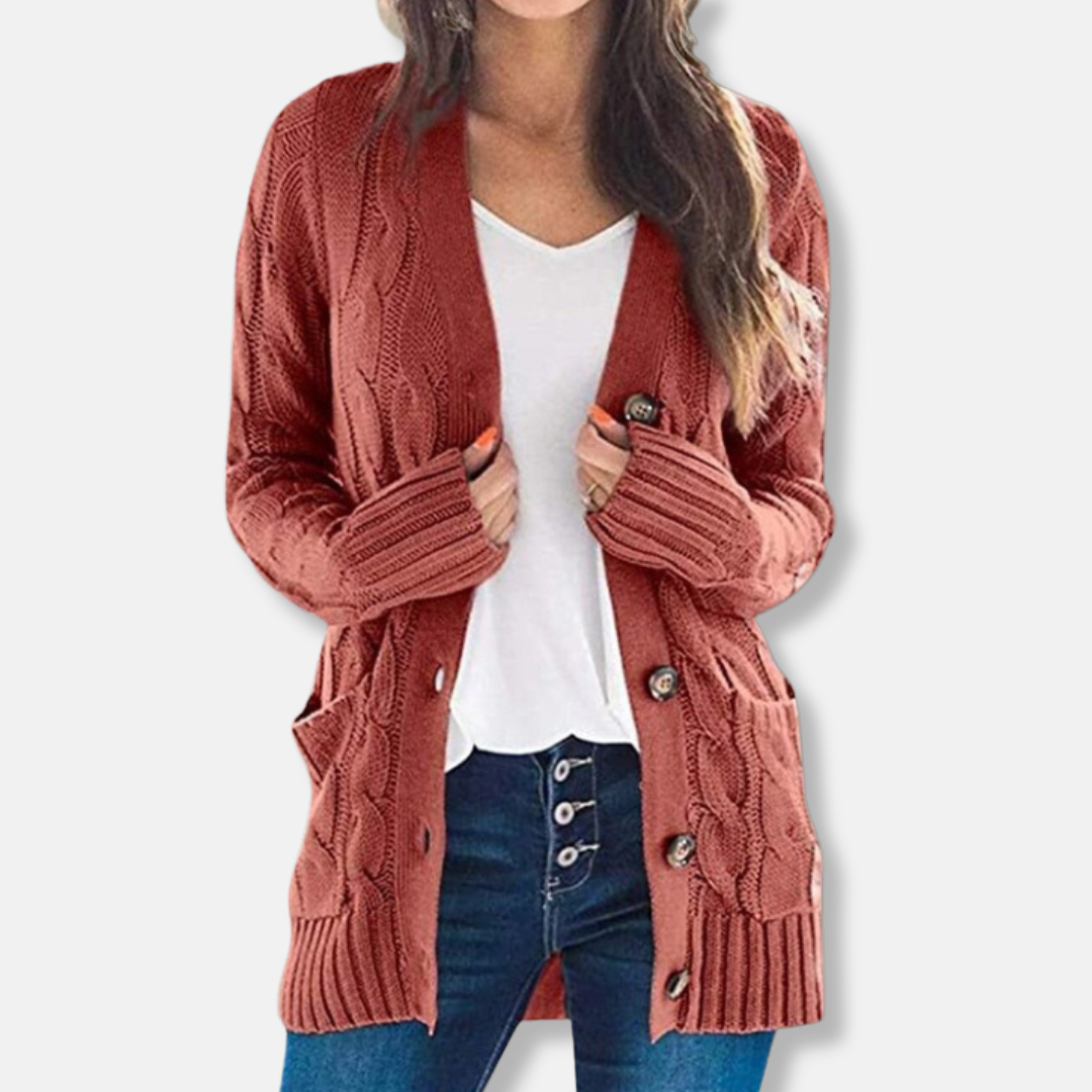 Women’s Cardigan Sweater – Chunky Cable Knit – Relaxed Fit – Button Front – Patch Pockets