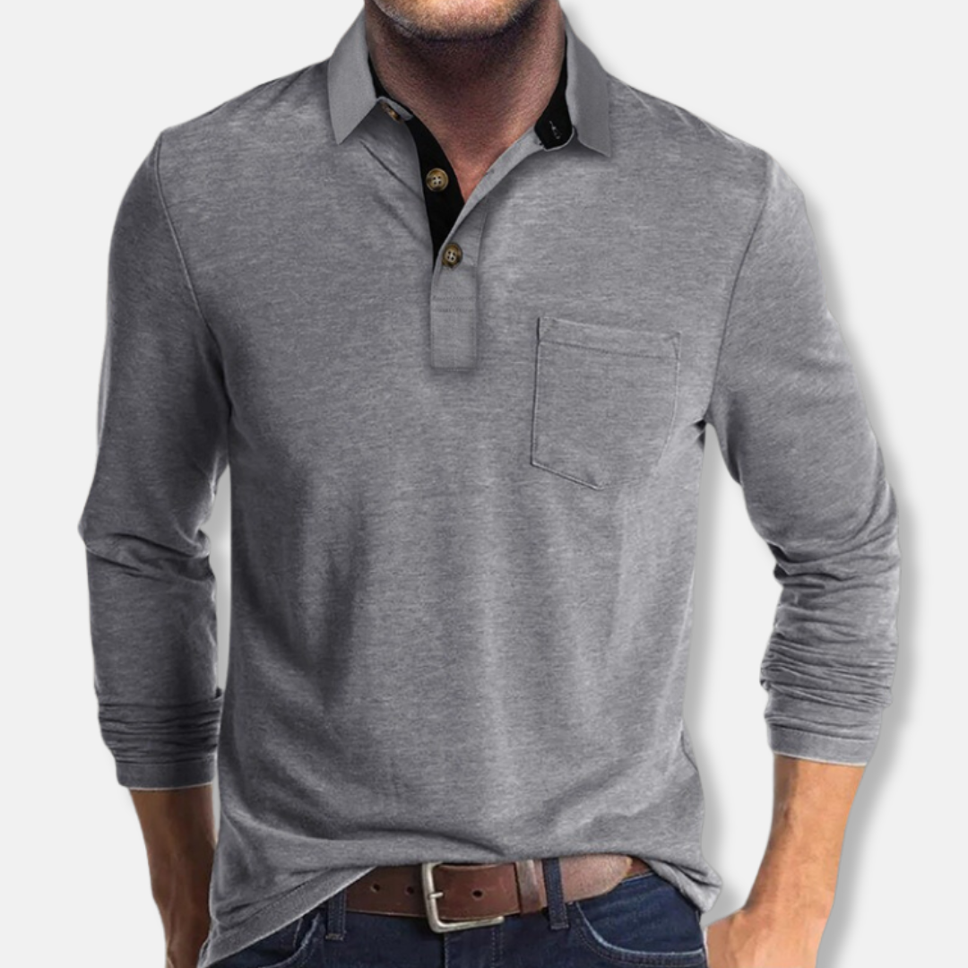 Men's Cotton Blend Long Sleeve Polo Shirt Regular Fit With Contrast Collar For Smart Casual Wear