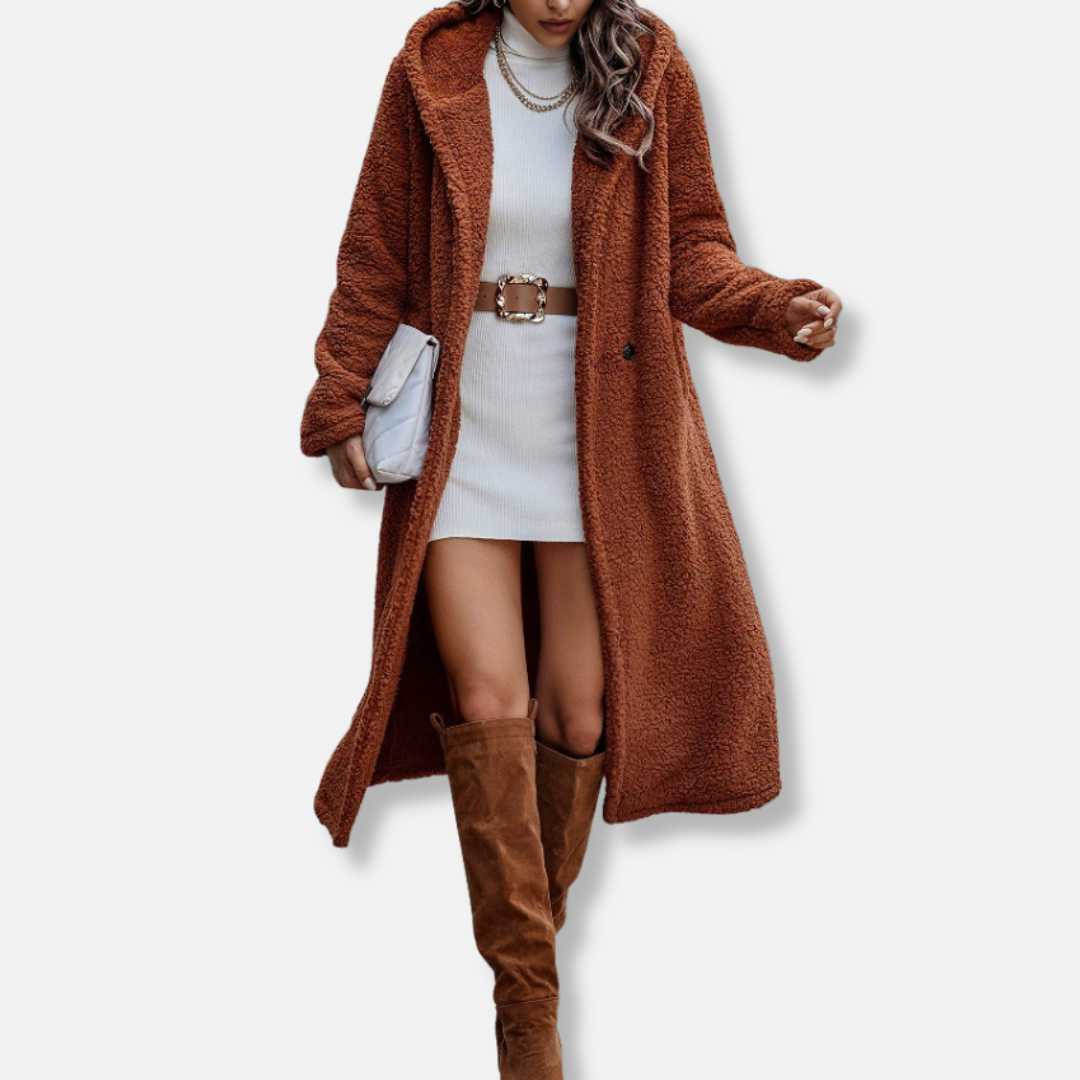 Women’s Long Coat – Plush Soft Texture – Relaxed Fit – Hooded – Notched Lapel