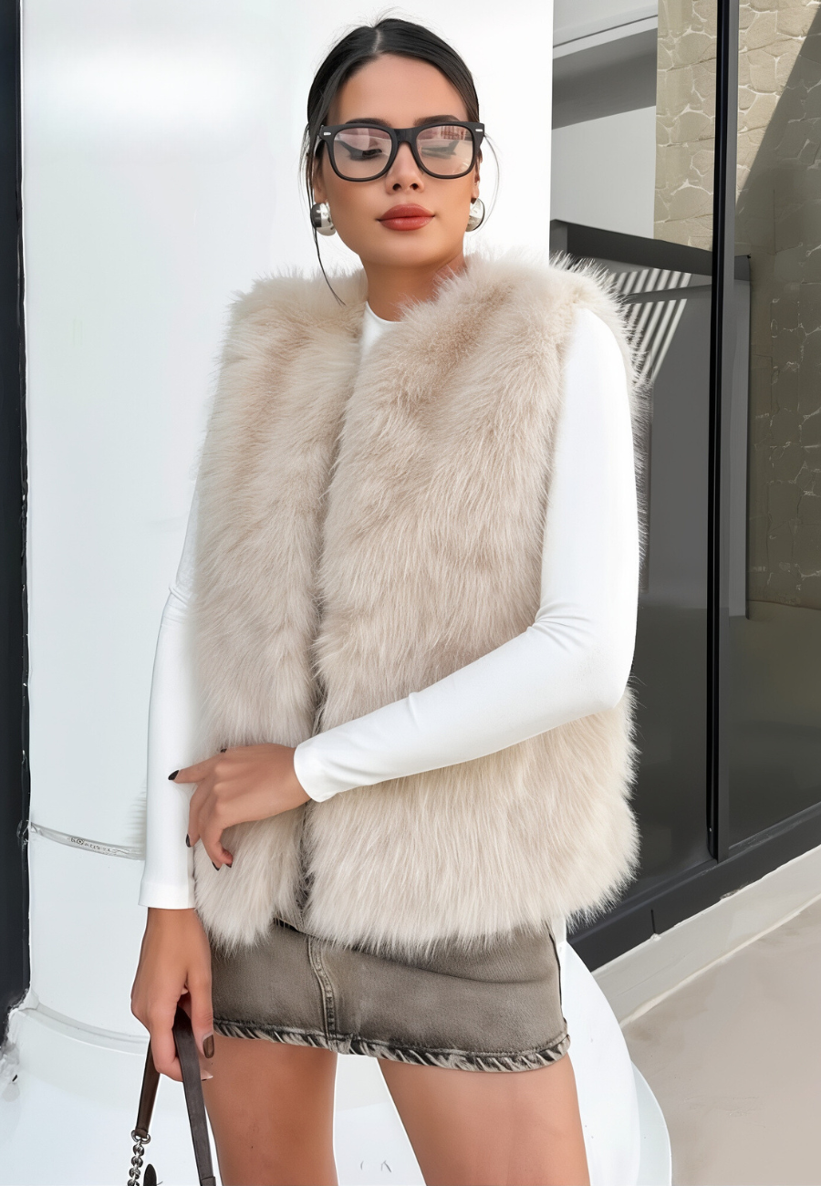 Women's Vest - Soft Faux Fur - Sleeveless Open Front - Elegant Layered Look