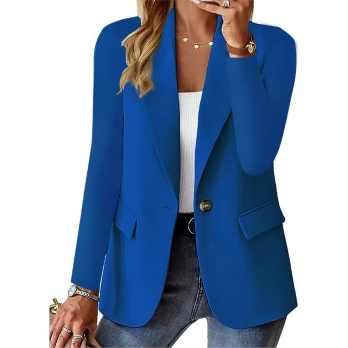 Casual long-sleeve blazer with slim pocket and buckle for women