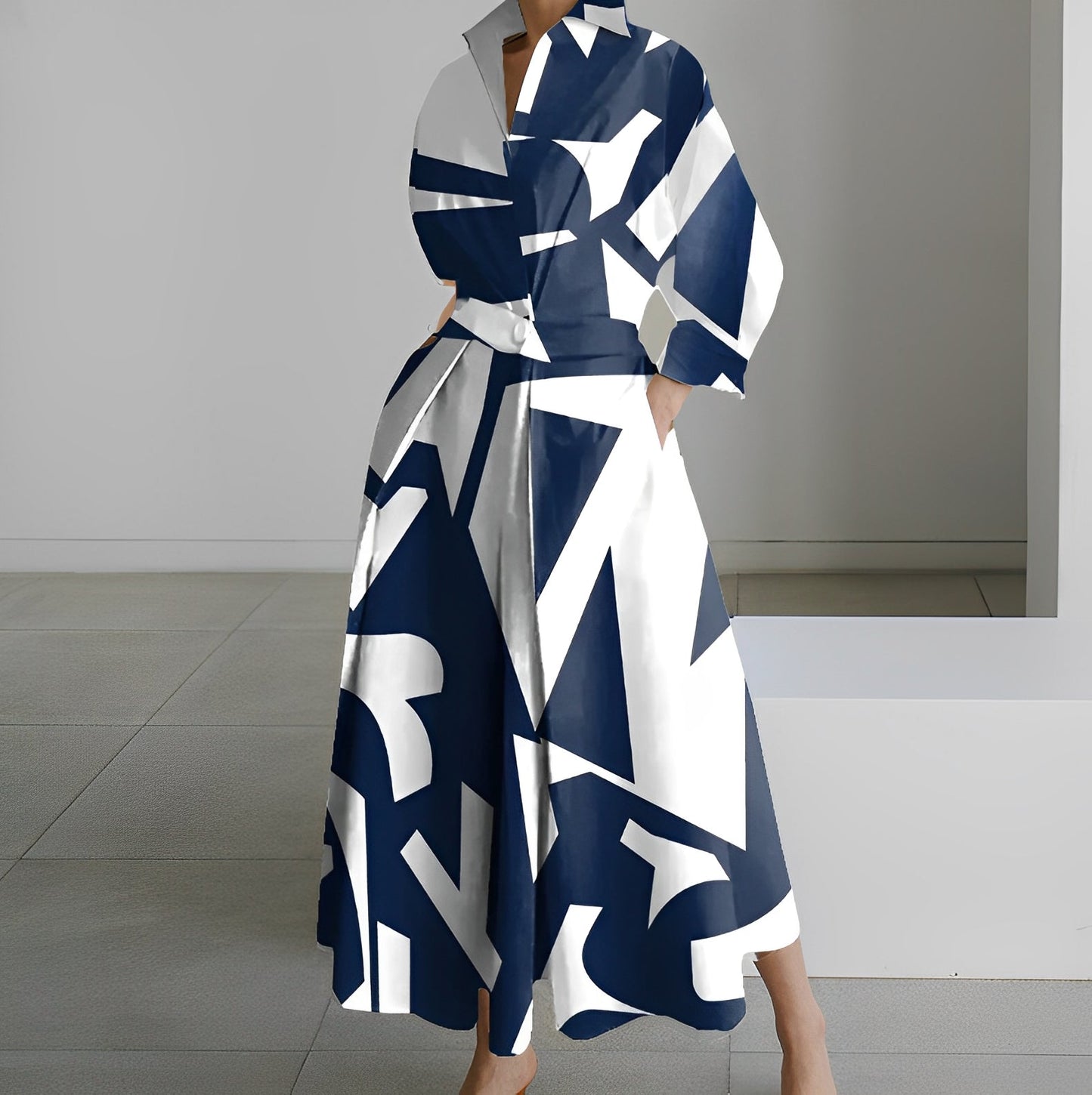 Elise Minimalist Maxi Shirt Dress For Women With Belted Waist And Flared Hem For Everyday Elegance