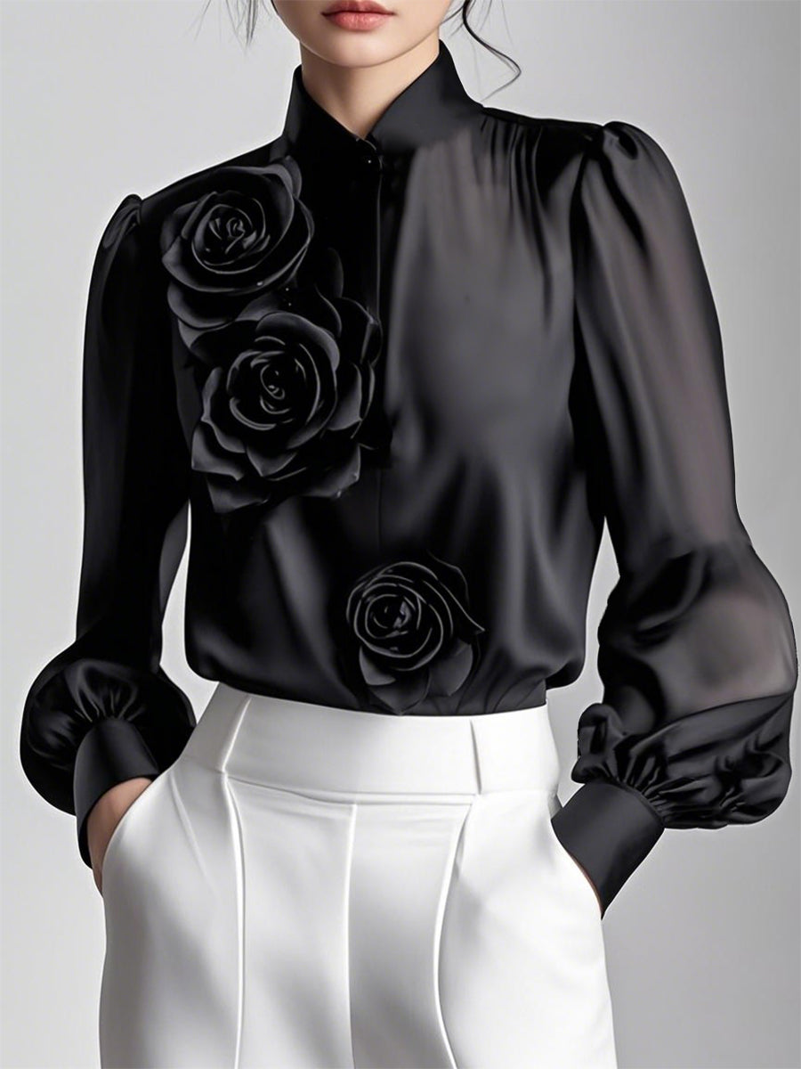 Naïma Pink Blouse With 3D Floral Details And High Collar Loose Fit Elegant Wardrobe Essential For Women