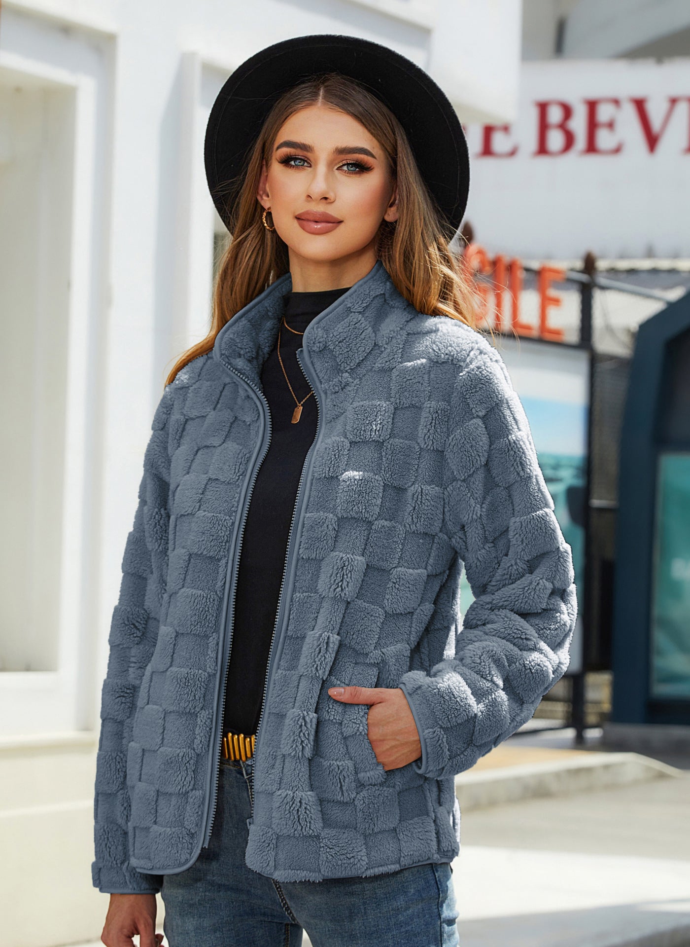 TrendAura Womens Cozy Fleece Zip Front Jacket With High Collar For Winter Warmth Everyday Wear