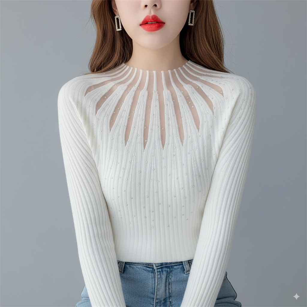 Women's Chic Ribbed Knit Top with Elegant Cutout Design