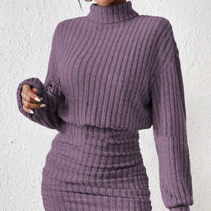 Knitted Sweater Dress With High Collar For Women Ribbed Texture Cozy Winter Elegance