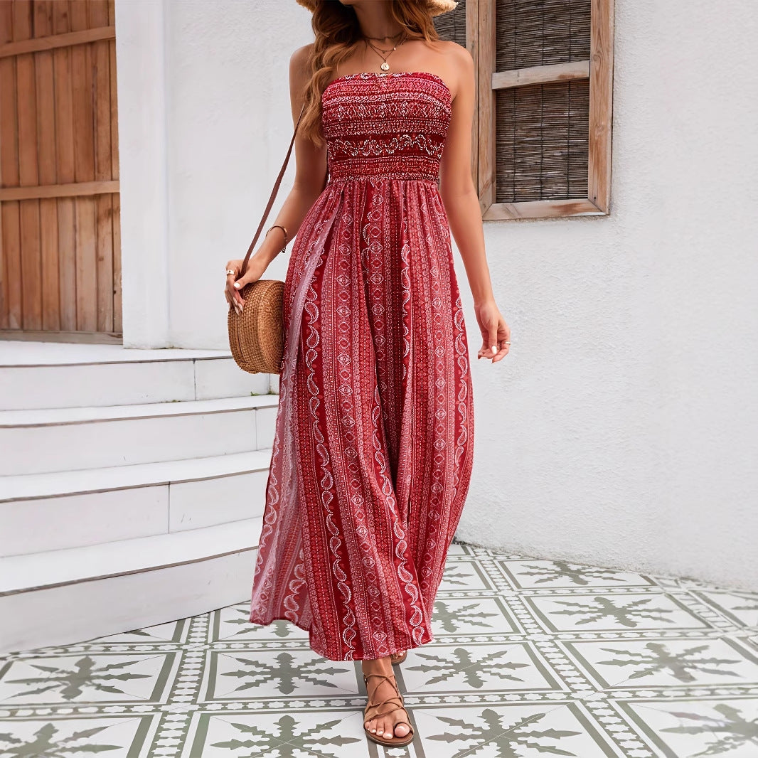 Strapless Dress With Slit And Ethnic Pattern