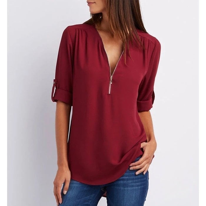 Women's Zip-Up V-Neck Half Sleeve Blouse with Versatile Style and Easy Care