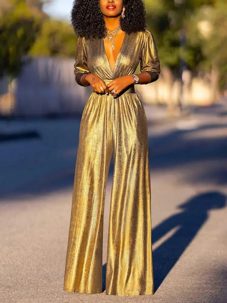 Nora Elegant Jumpsuit With Shiny Finish For Formal Evenings V Neckline Wide Leg Silhouette For Women