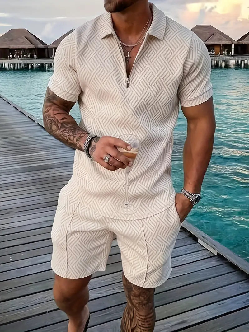 Mens Textured Zipper Polo Set Shirt And Shorts For Beach Or Lounge Bold Modern Comfort