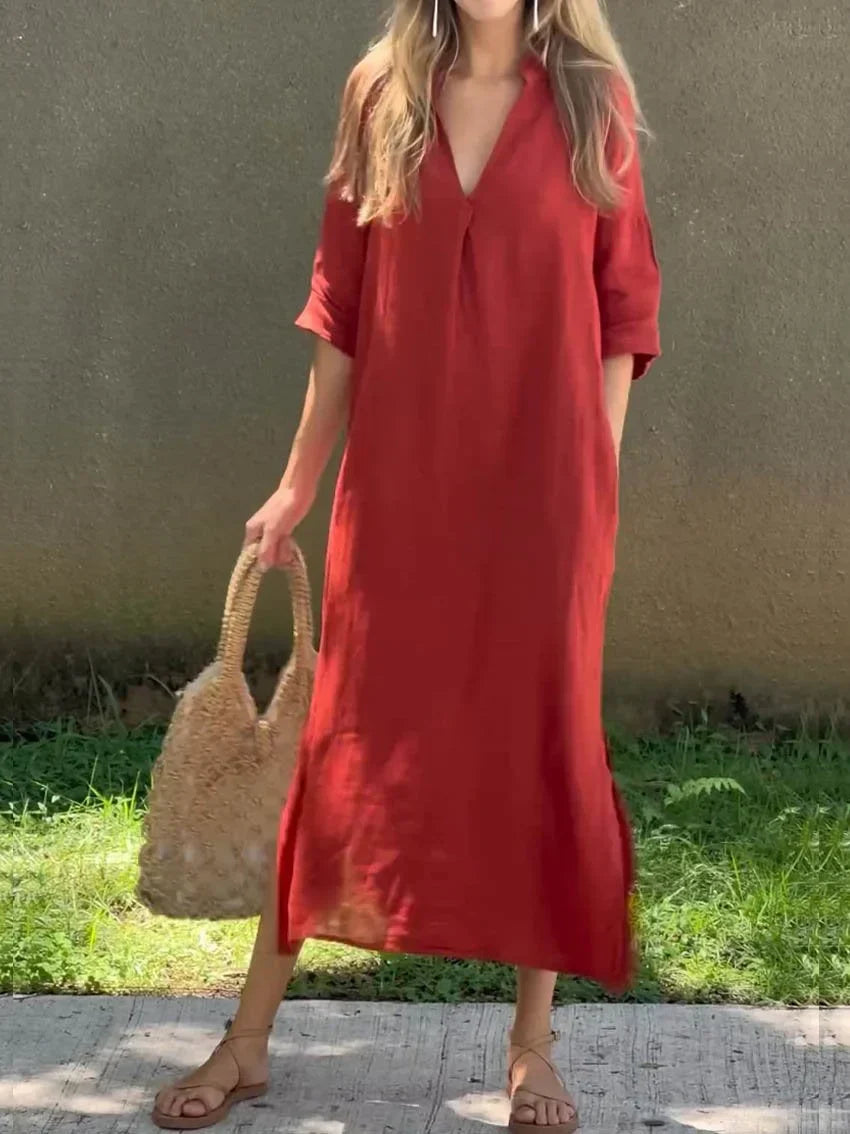 Nora Long V Neck Dress With Pockets For Women Elegant Comfort All Occasion Everyday Wear
