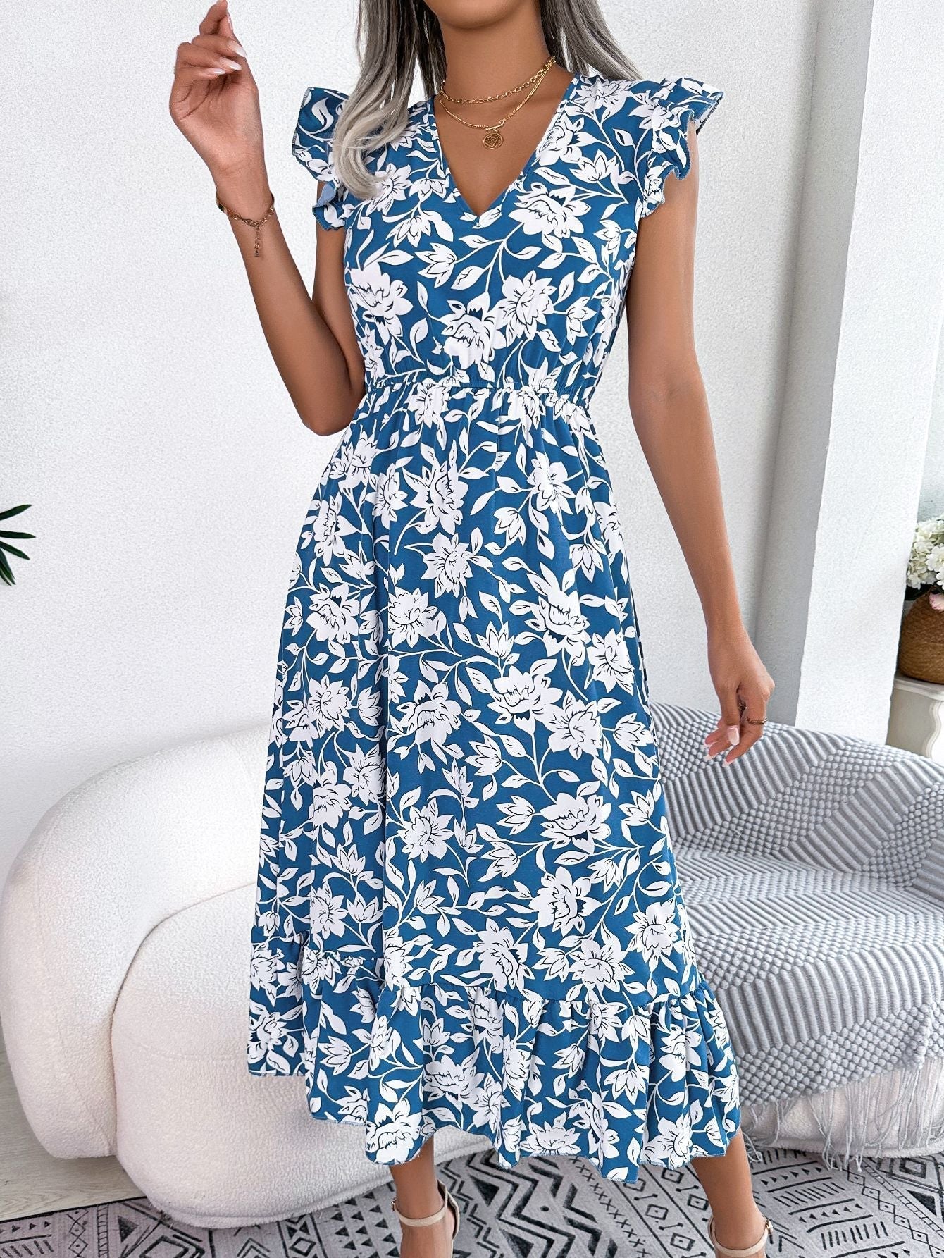 TrendAura Nayra Floral Midi Dress With Flutter Sleeves Breathable Lightweight Chiffon For Women