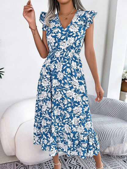 TrendAura Nayra Floral Midi Dress With Flutter Sleeves Breathable Lightweight Chiffon For Women