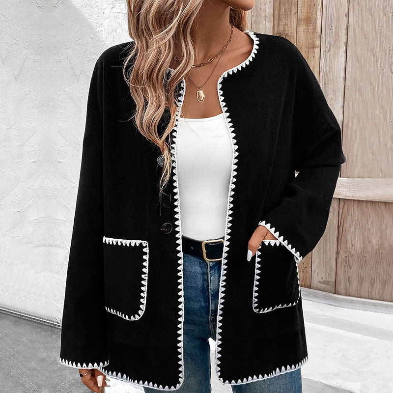 Colorblock Fleece Coat With Pockets Long Sleeve For Casual City Wear And Weekend Comfort