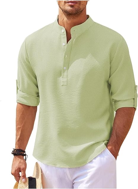 Men's Relaxed Fit Band Collar Shirt Lightweight Cotton With Button Cuffs For Casual Everyday Wear