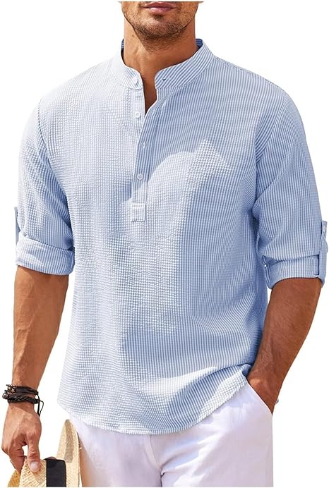 Men's Relaxed Fit Band Collar Shirt Lightweight Cotton With Button Cuffs For Casual Everyday Wear