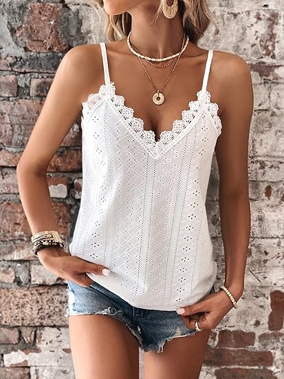 Women's sleeveless summer top with V-neck and lace trim
