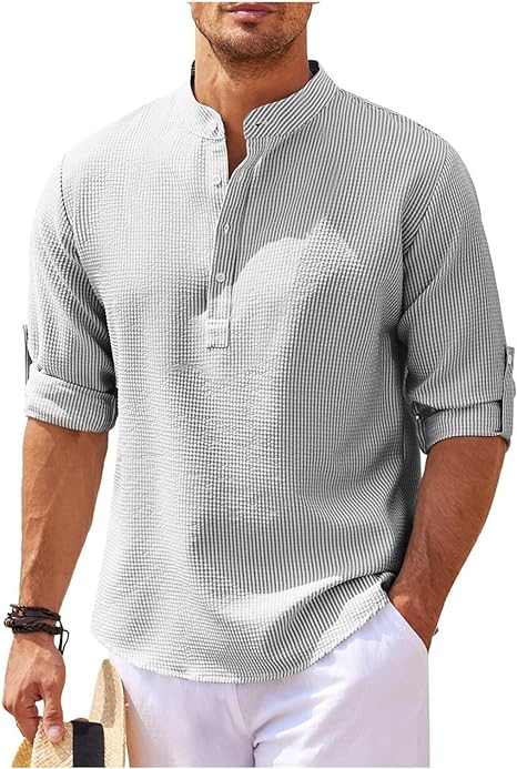 Men's Relaxed Fit Band Collar Shirt Lightweight Cotton With Button Cuffs For Casual Everyday Wear