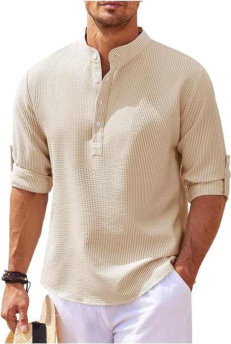 Men's Relaxed Fit Band Collar Shirt Lightweight Cotton With Button Cuffs For Casual Everyday Wear