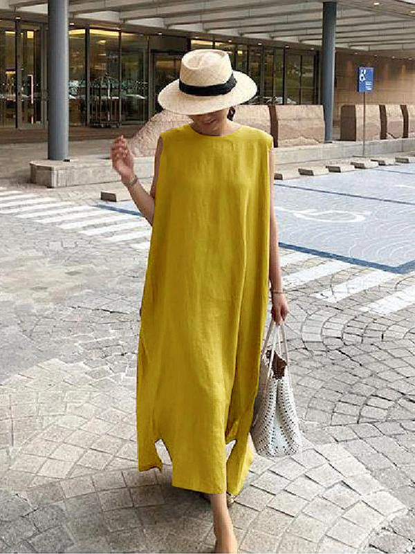 TrendAura Bohemian Linen Cotton Dress Womens Breathable Loose Fit With Round Neck And Side Slit