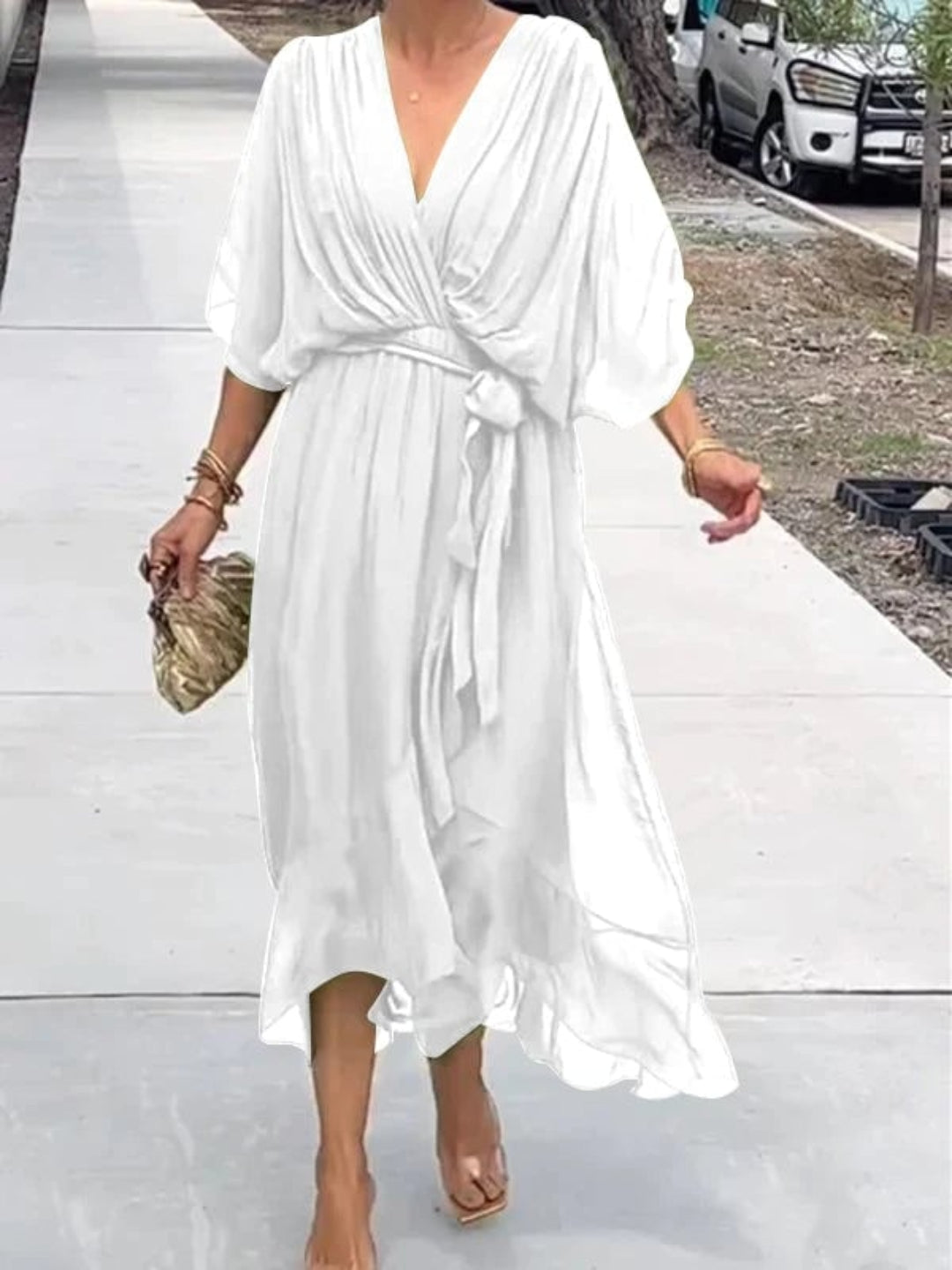 Lilia Crossed Chiffon Dress With Wide Sleeves And Belted Waist For Elegant Women
