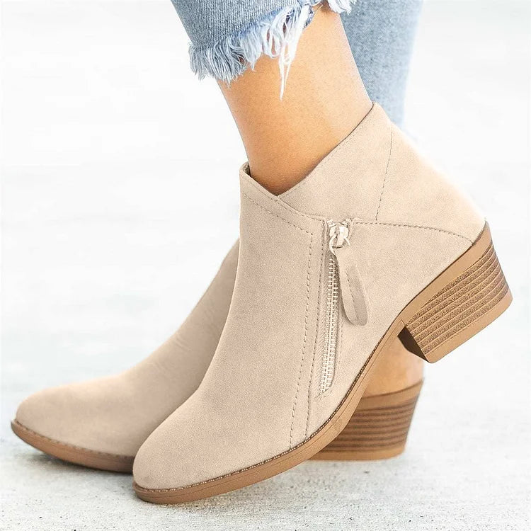 Natrio Women's Suede Side-Zipper Ankle Boots With Pointed Toe And Square Heel For Modern Chic