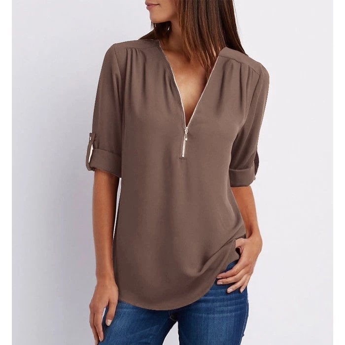 Women's Zip-Up V-Neck Half Sleeve Blouse with Versatile Style and Easy Care