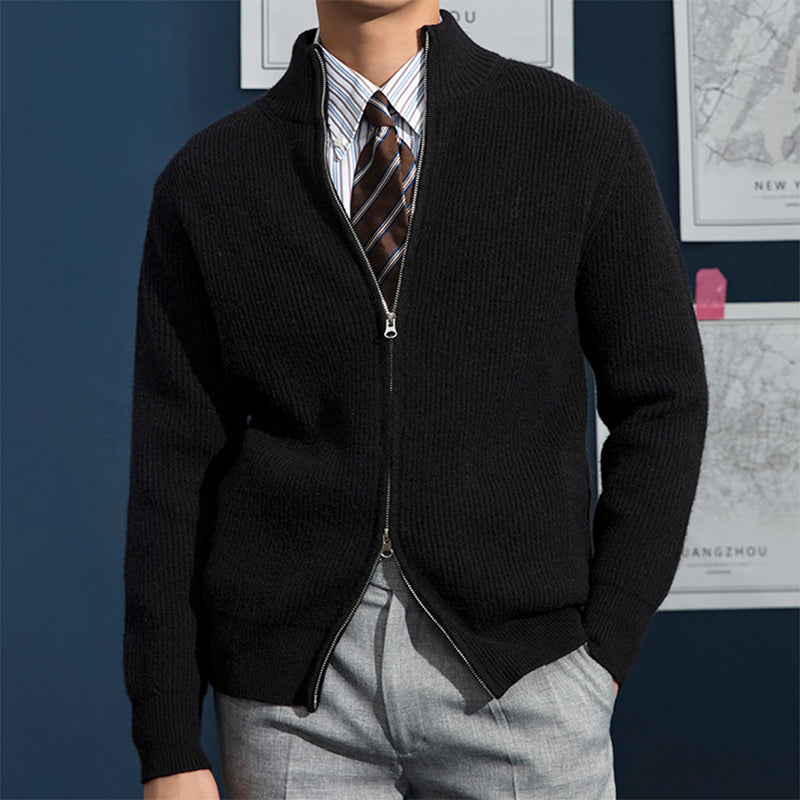 Mens Cardigan Slim Fit Wool Blend With Rib Knit Zipper Closure And High Collar For Men