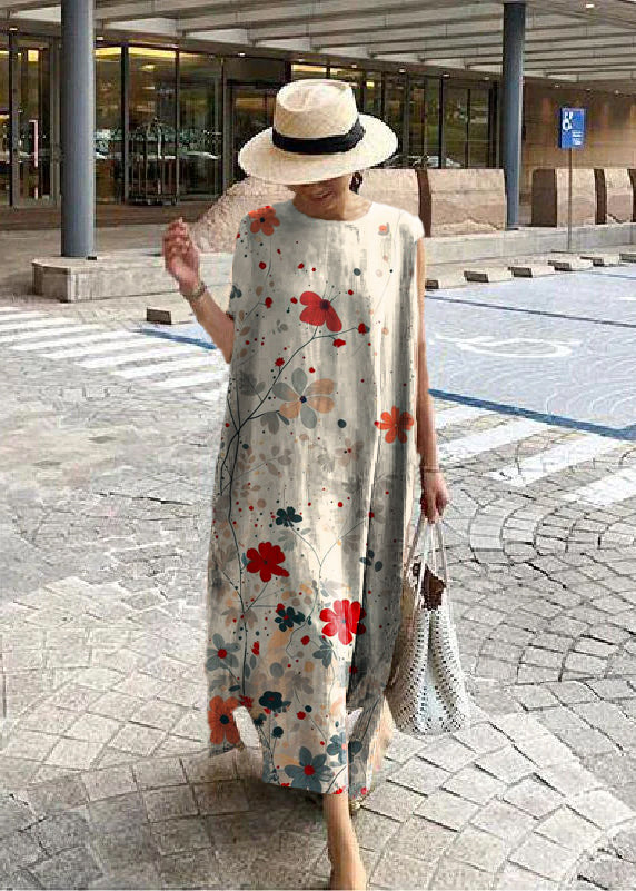 TrendAura Bohemian Linen Cotton Dress Womens Breathable Loose Fit With Round Neck And Side Slit