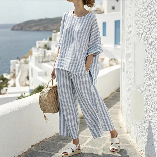 Ludmila Striped Loose T Shirt And Fluid Straight Pants Chic Comfortable Summer Ensemble For Women