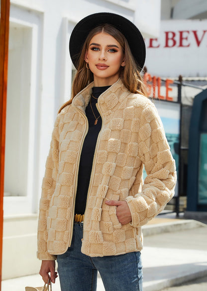 TrendAura Womens Cozy Fleece Zip Front Jacket With High Collar For Winter Warmth Everyday Wear