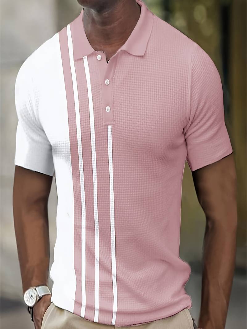 Men's Striped Polo Shirt With Classic Collar Short Sleeves Breathable Lightweight Two Tone Black White
