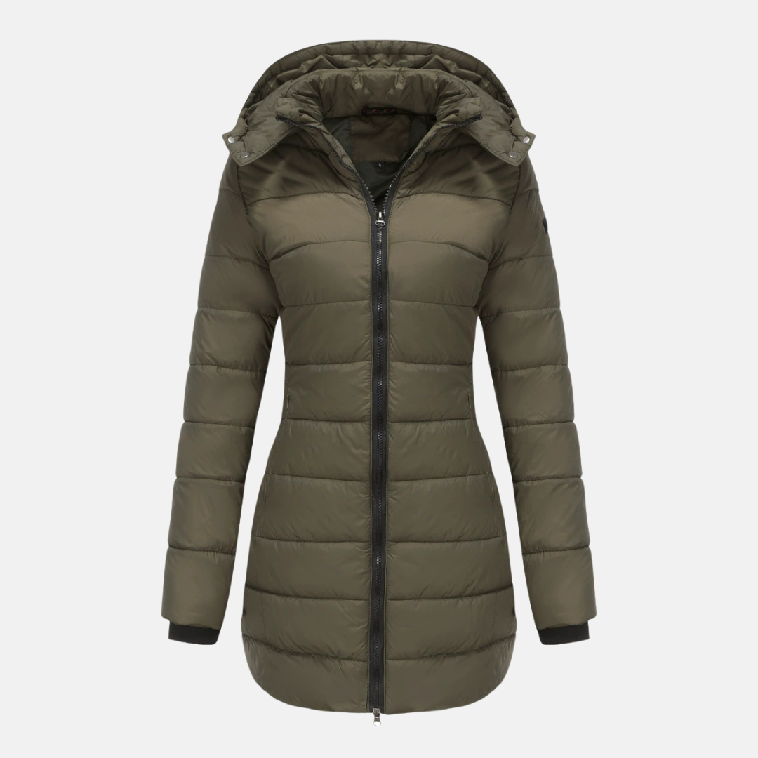 Women’s Puffer Jacket – Mid-Length Fit – Detachable Hood – Ribbed Cuffs – Quilted Warmth
