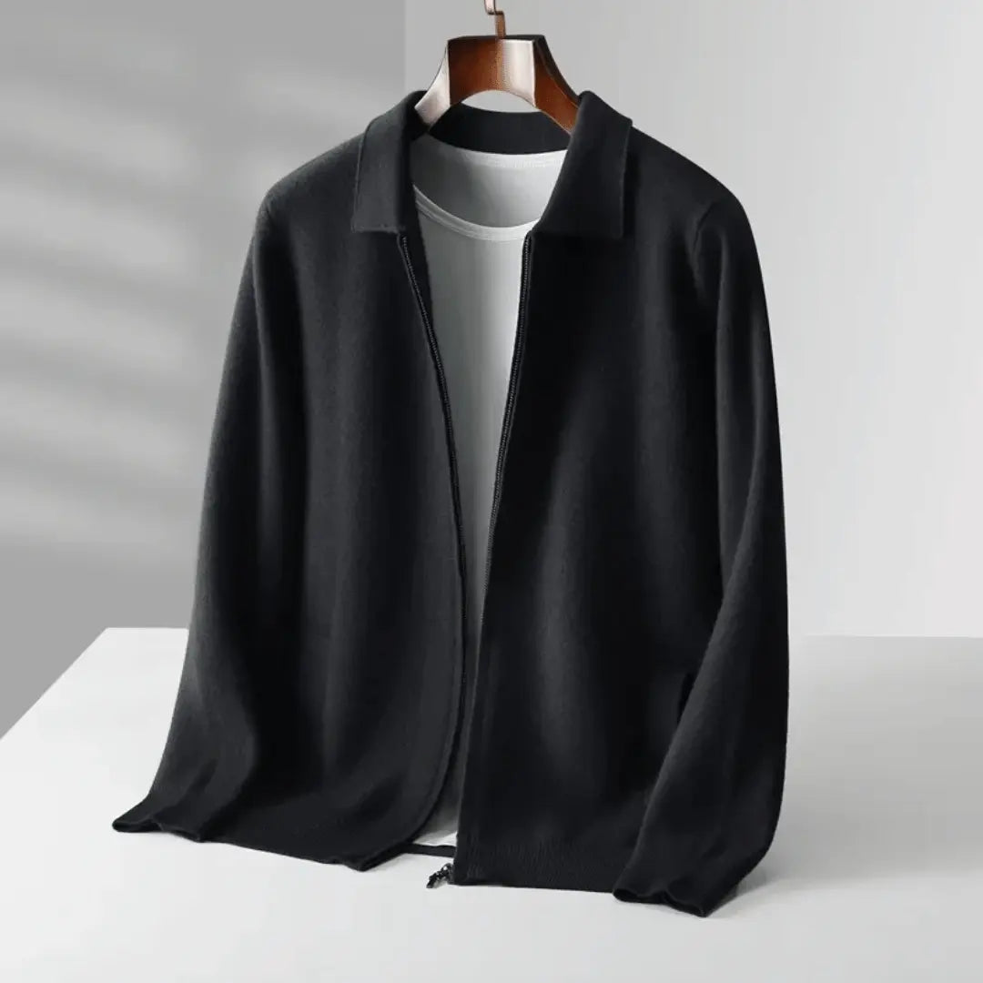Emiliano Wool Zip Front Cardigan For Men With Relaxed Fit Collared Design And Long Sleeves