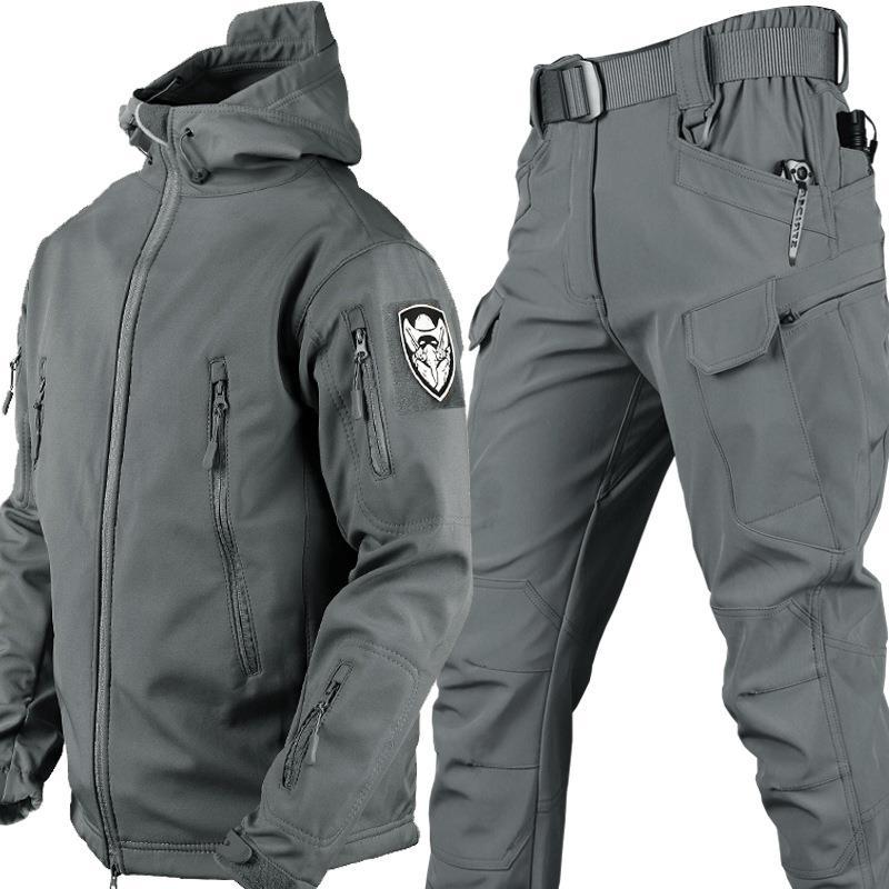 Men's Two Piece Outdoor Suit With Windproof Softshell Jacket And Pants Adjustable Fit And Utility Pockets
