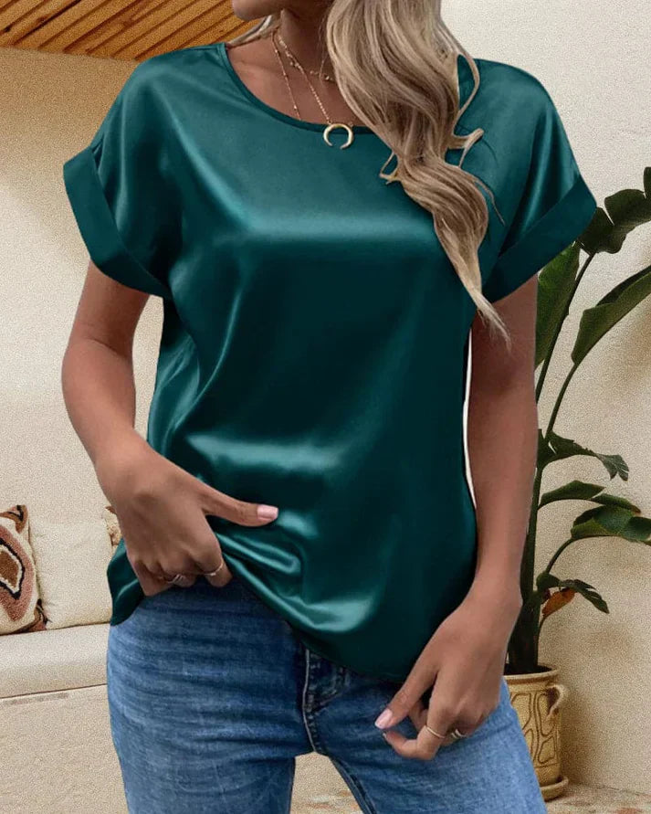 Women's Blouse - Satin - Loose Fit - Short Sleeves - Round Neck