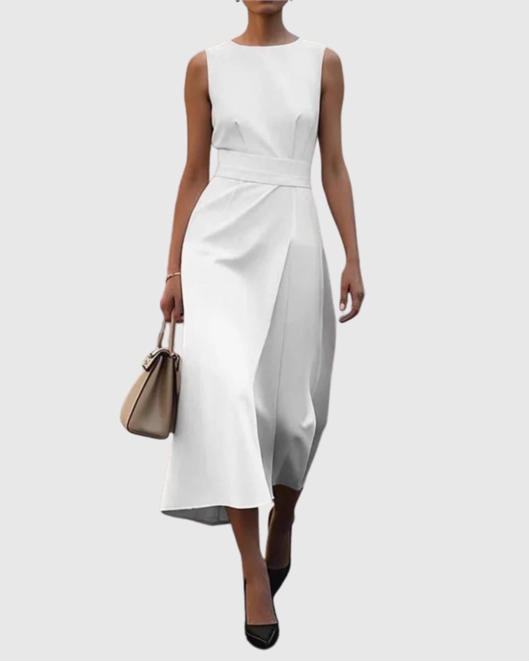 Women's Sleeveless Midi Dress with Round Neck and Twisted Detail