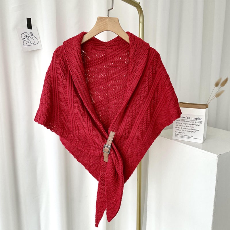 Triangle Knitted Shawl with Leather Loop