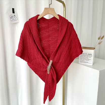 Triangle Knitted Shawl with Leather Loop