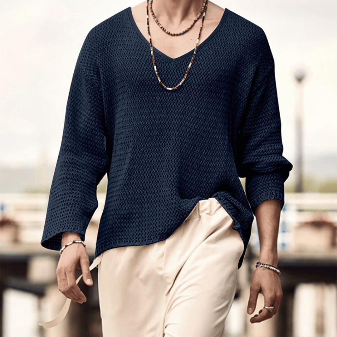TrendAura Mens Relaxed Knit Sweater With Deep V Neck Breathable Textured Knit Beige Casual To Evening Wear