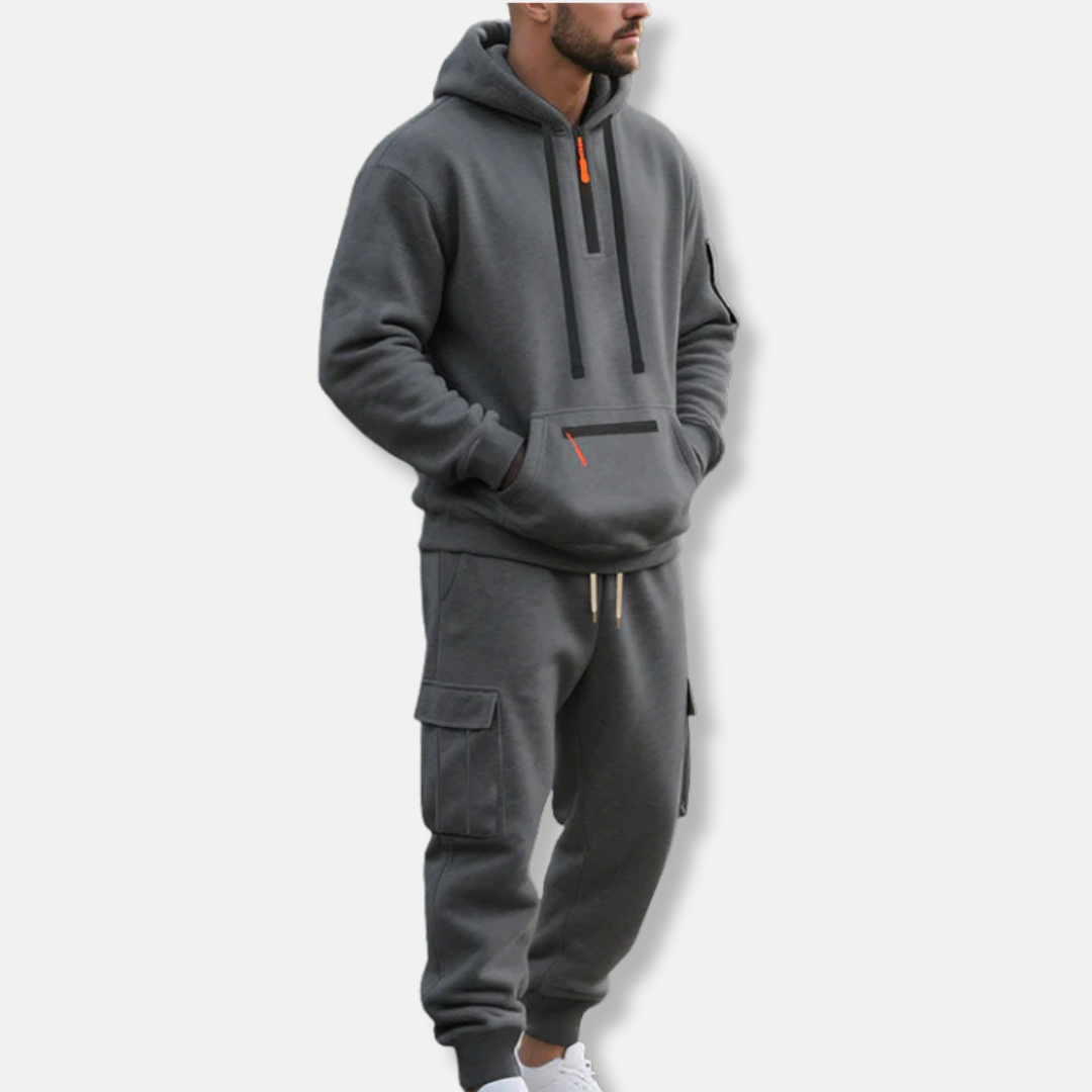 Men's Tracksuit Set With Relaxed Fit Half Zip Hoodie And Cargo Joggers With Drawstring Waist