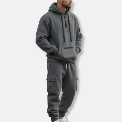 Men's Tracksuit Set With Relaxed Fit Half Zip Hoodie And Cargo Joggers With Drawstring Waist