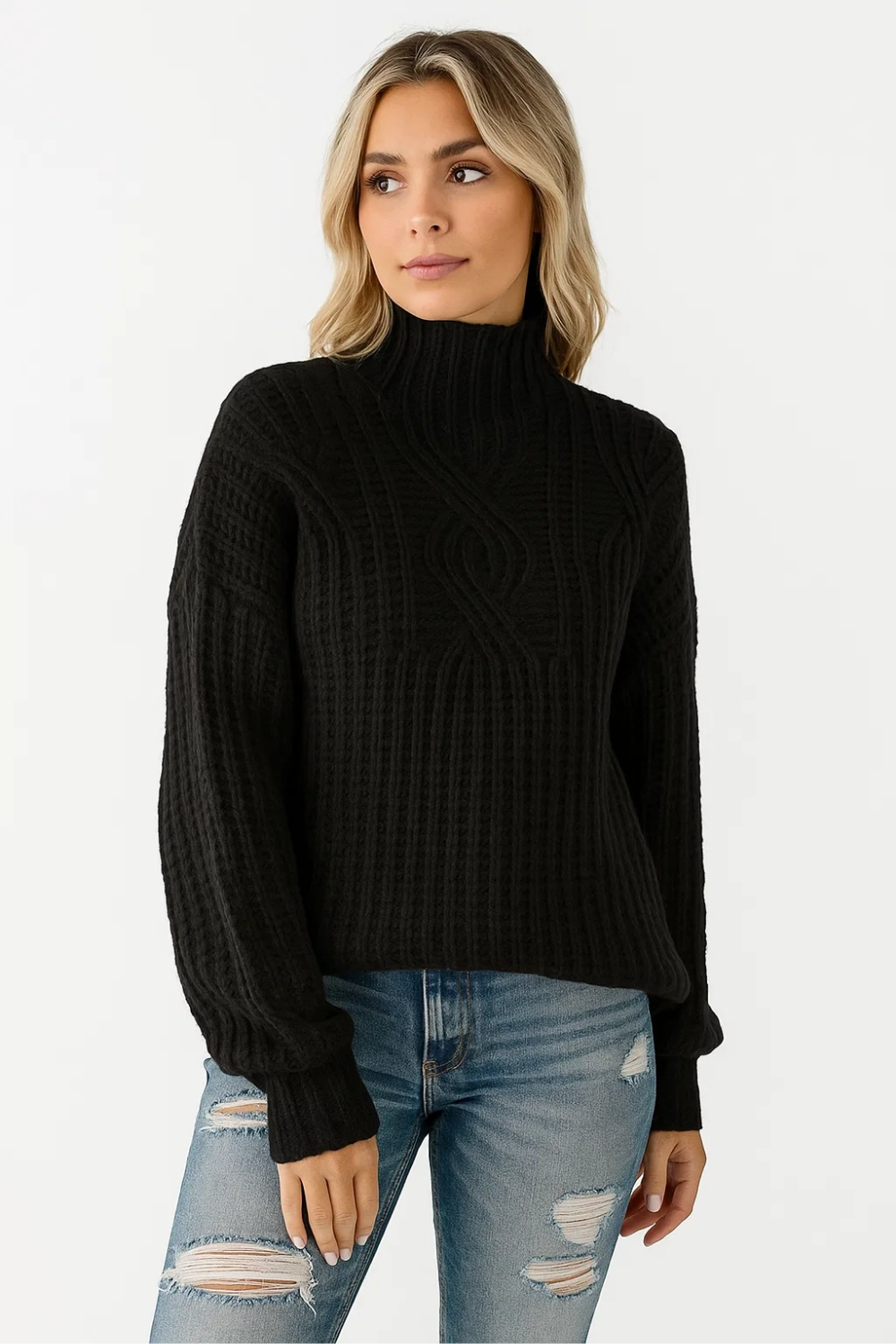 Knitted Turtleneck Sweater For Women Cozy Relaxed Fit Textured Cable Pattern High Neck Warmth