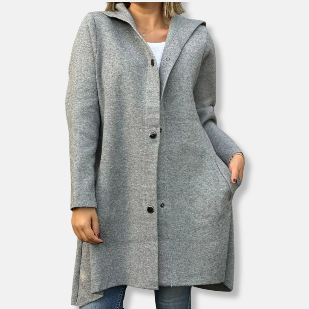 Women’s Coat - Wool - Hooded Neckline - Snap Button Closure - Mid-Thigh Length