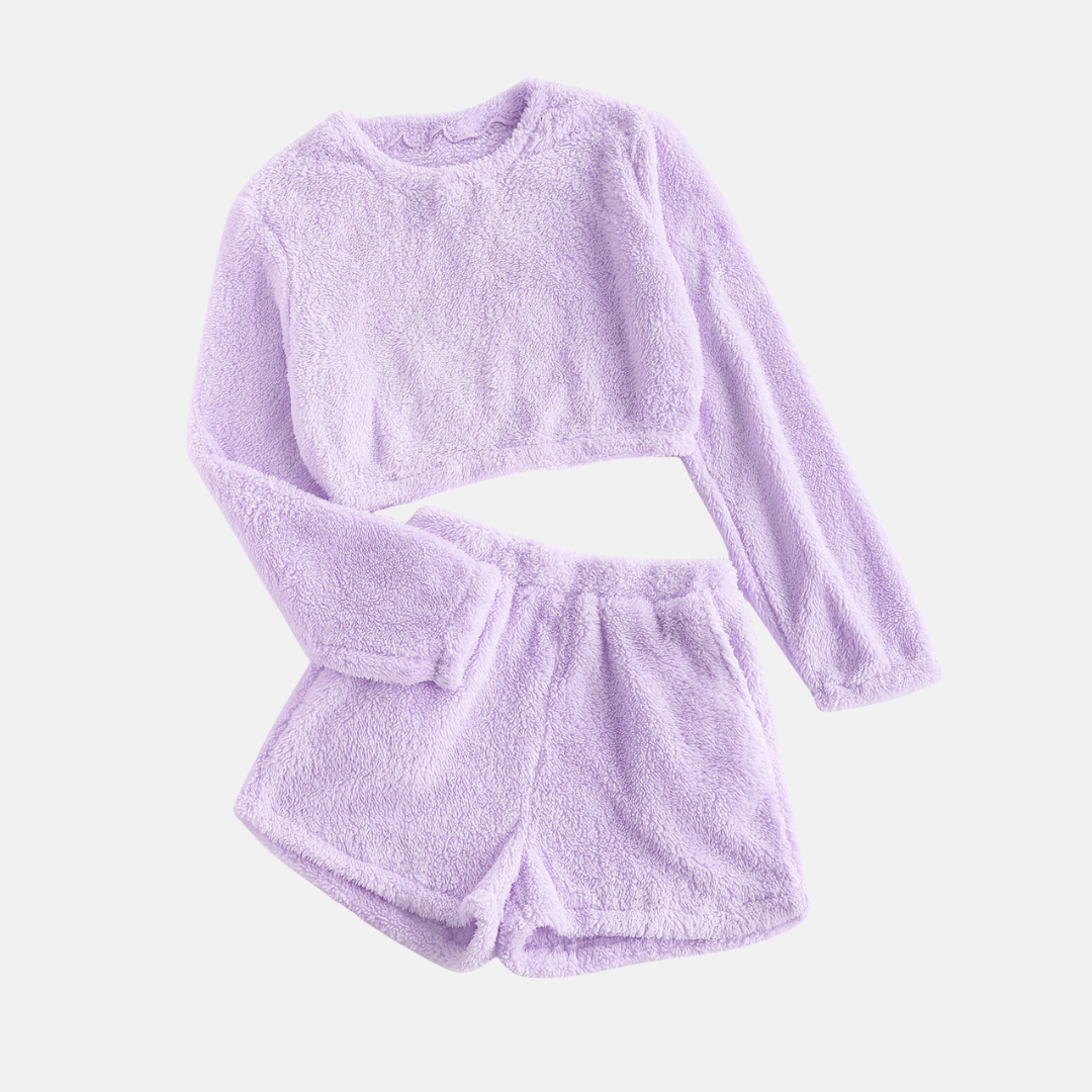 Women’s Two-Piece Loungewear Set – Textured Plush – Cropped Long Sleeve Top – High-Waisted Shorts