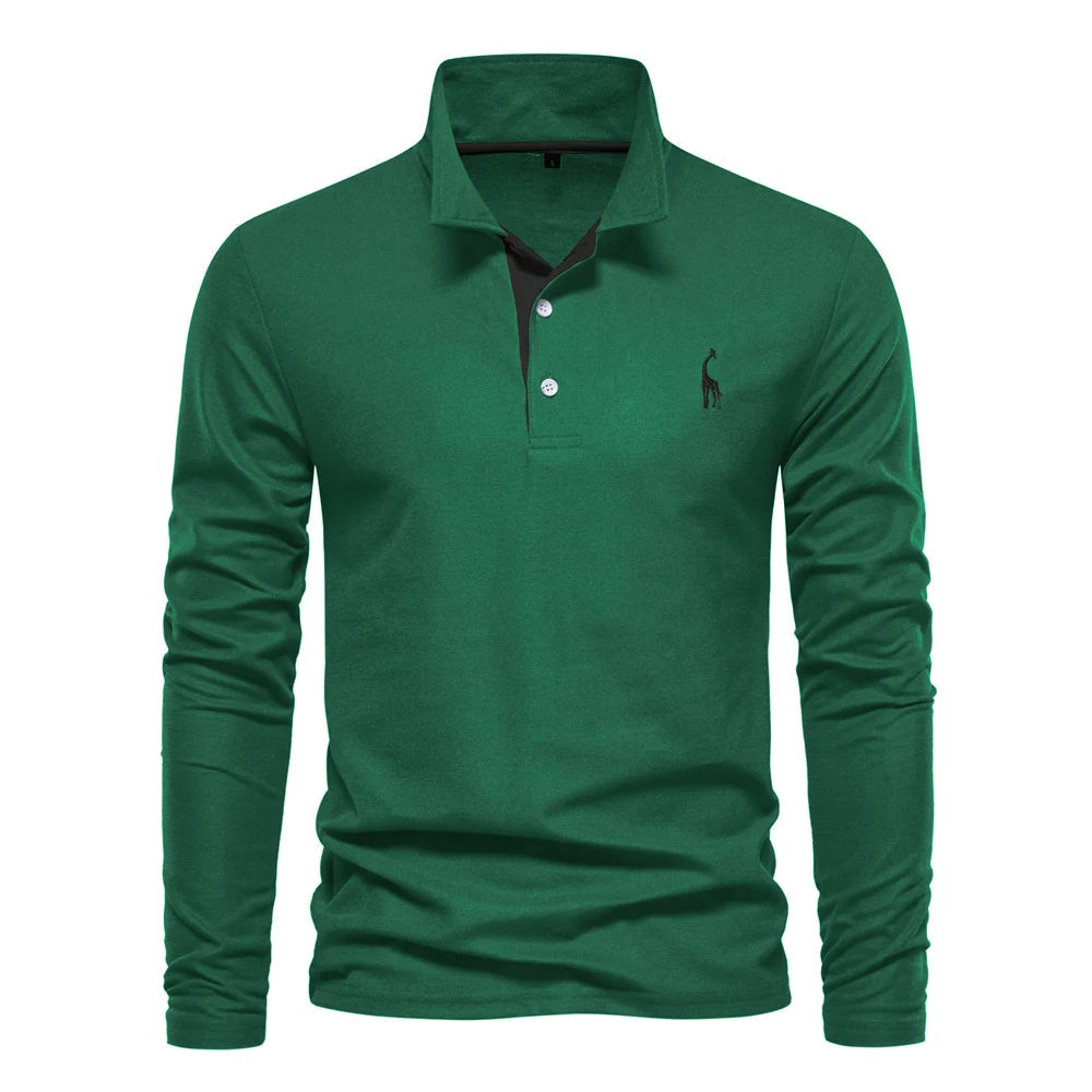 Mens Long Sleeve Polo Shirt By Designer For Professionals With Refined Deer Embroidery And Smart Design