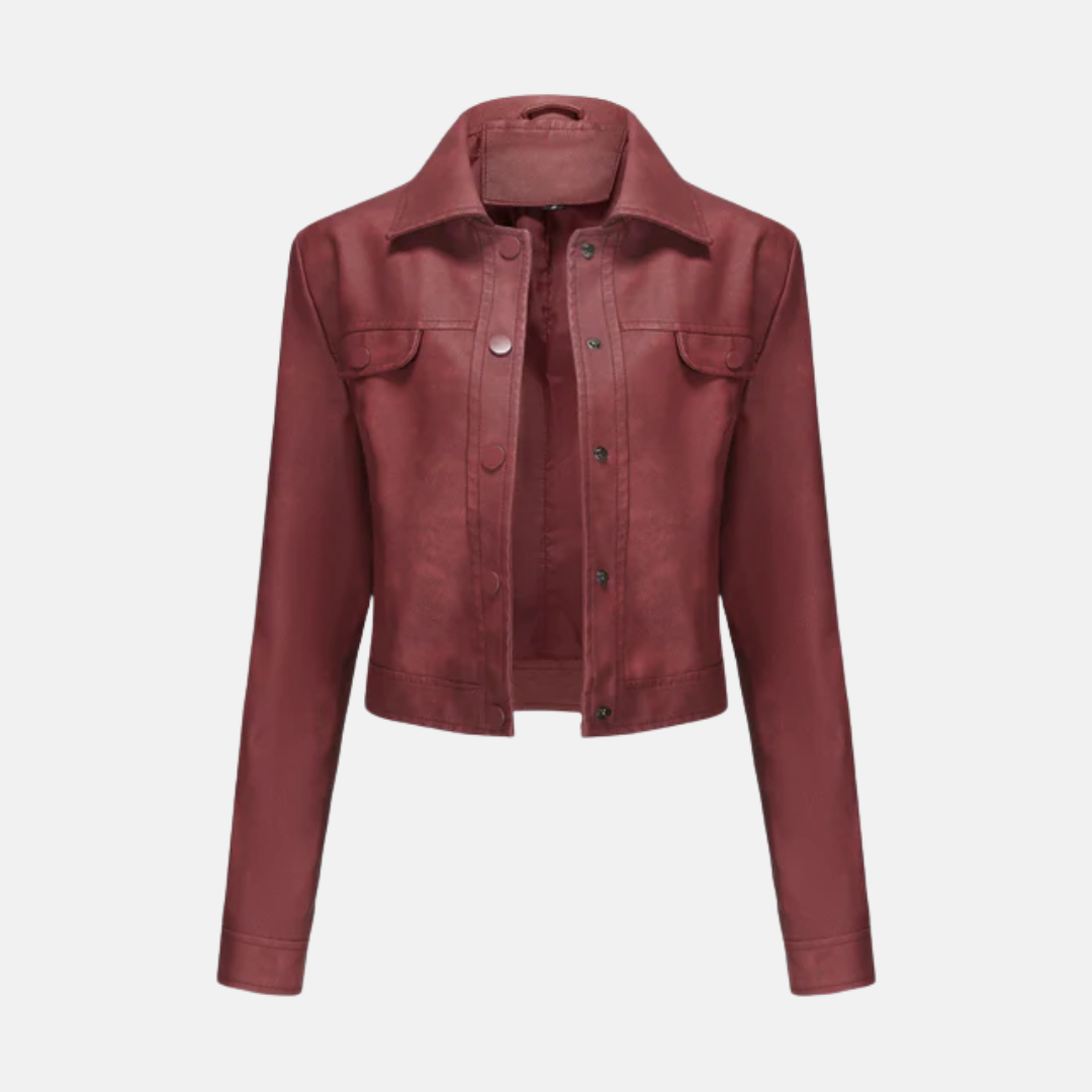Women’s Cropped Jacket – Structured Fit – Woven Texture – Snap Front – Point Collar