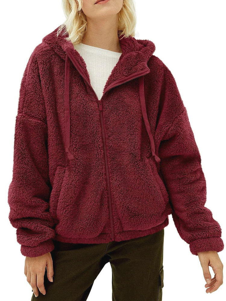 Oversized Sherpa Fleece Hoodie With Full Zip Closure For Women Cozy Warmth And Slanted Front Pockets