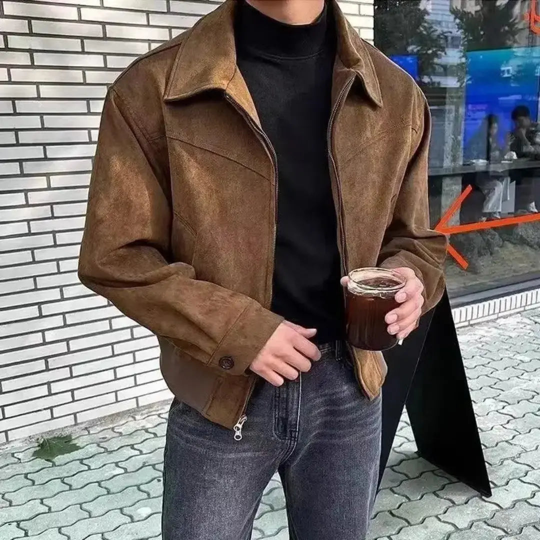 TrendAura Stéphane Parker Mens Luxury Suede Streetwear Jacket With Classic Lapel And Modern Loose Fit For Spring