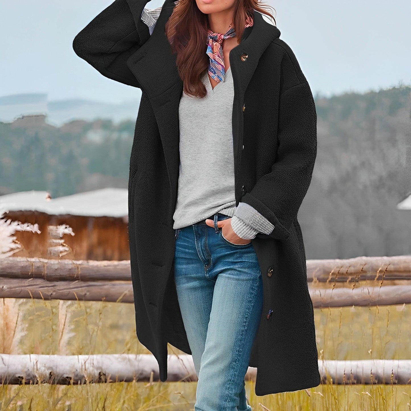 Layla Long Hooded Coat for Women Oversized Knit Winter Jacket with V Neck Soft Warm Casual Style